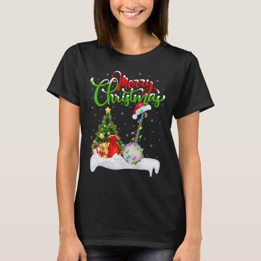 Kerstboom verlicht Santa Hat Musical Banjo Kerstmi T-shirt (Voorkant)