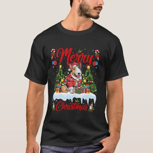 Kerstboom Verlichting Santa Bull Terrier Hond Kers T-shirt (Voorkant)