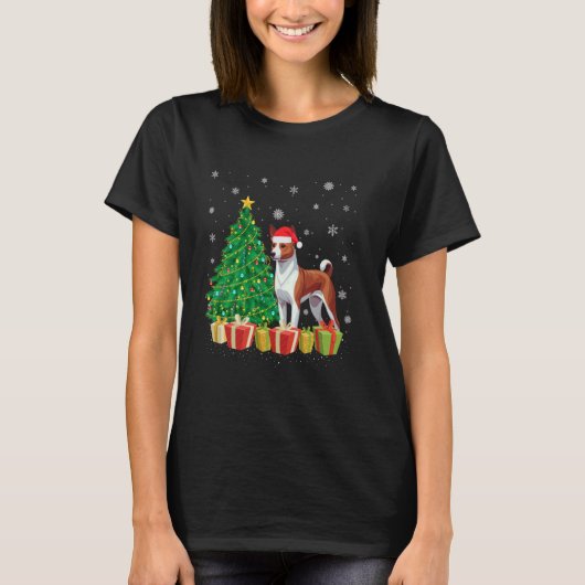 Kerstboom Verlichting Santa Hat Basenji Dog Kerstm T-shirt (Voorkant)