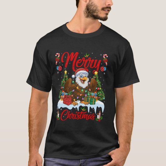 Kerstboom Verlichting Santa Hat Eagle Kerstmis T-s T-shirt (Voorkant)