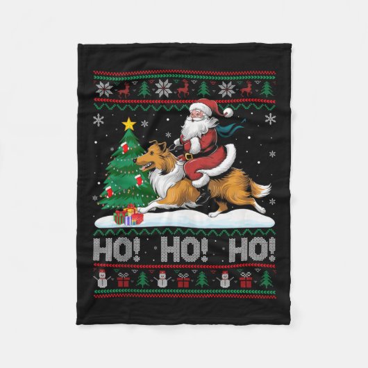 Kerstboom Verlichting Santa Riding Collie Dog Kers Fleece Deken (Voorkant)