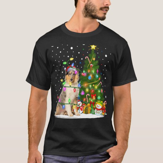 Kerstboom Verlichting Santa Rough Collie Dog Kerst T-shirt (Voorkant)
