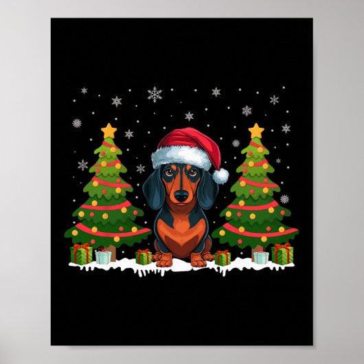 Kerstboom Verlichting Teckel Hond Kerstman Hoed Ke Poster (Voorkant)