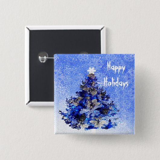 Kerstboom versierd in blauw vierkante button 5,1 cm (Voorkant /achterkant)