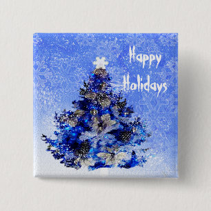Kerstboom versierd in blauw vierkante button 5,1 cm