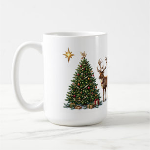 Kerstboom versierd met een rendier en cadeaus koffiemok