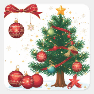 Kerstboom Versierd Met Rode Ornamenten Vierkante Sticker