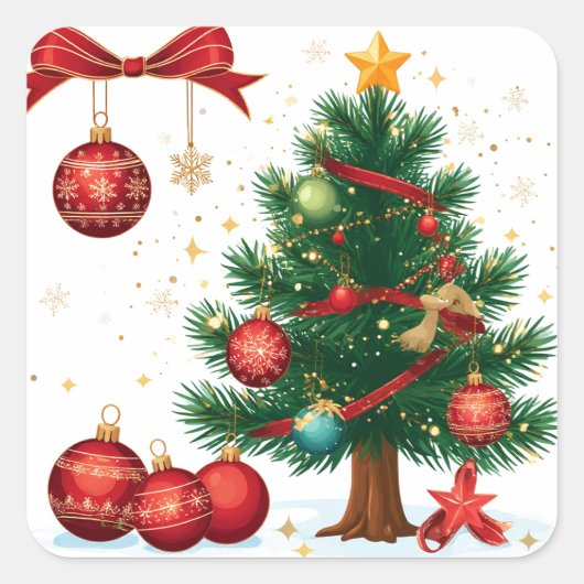 Kerstboom Versierd Met Rode Ornamenten Vierkante Sticker (Voorkant)