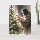 Kerstboom versieren Jezus de Messias Feestdagen Kaart (Voorkant)