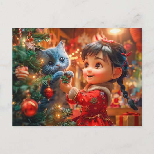 Kerstboom versieren met kat feestdagenkaart (Voorkant)