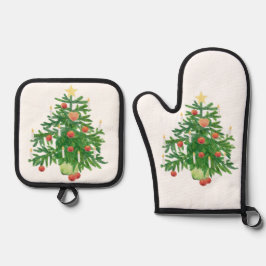 Kerstboom Vintage met een Ster Wit Ovenwant & Pannenlap Set