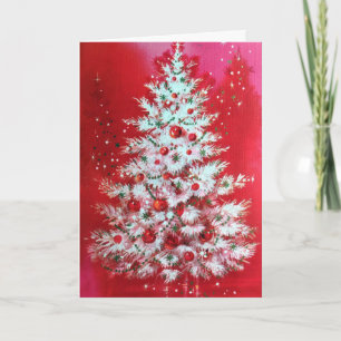 Kerstboom Vintage op Rood met Uw Handtekening Feestdagen Kaart
