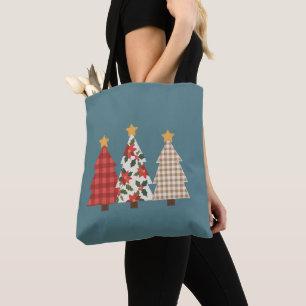 Kerstboom Vintage Patchwork Rode Geruite Vakantie Tote Bag