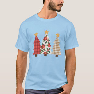 Kerstboom Vintage Patchwork Rood Geruit Vakantie T-shirt