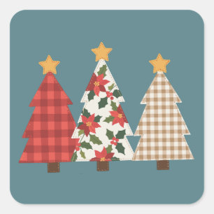 Kerstboom Vintage Patchwork Rood Geruit Vakantie Vierkante Sticker