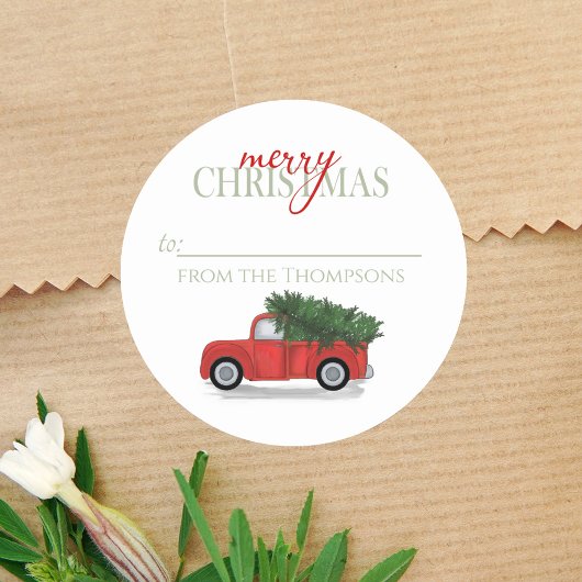 Kerstboom Vintage Rode Truck Rustiek Schattig Ronde Sticker