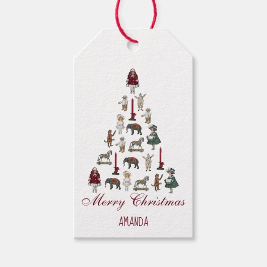 Kerstboom Vintage Speelgoed Rood Calligrafie Cadea Cadeaulabel (Voorkant)