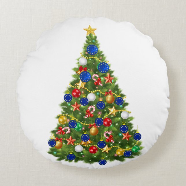 Kerstboom - Vlag van de Europese Unie | EU Euro -  Rond Kussen (Voorkant)