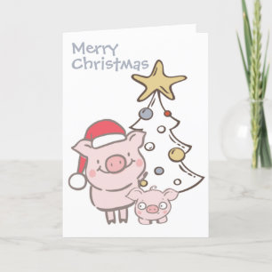 Kerstboom voor kerstmis met Santa Piggy en Baby Pi Feestdagen Kaart