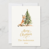 Kerstboom vos beige elegant script feestdagenkaart (Voorkant)