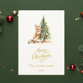 Kerstboom vos beige elegant script feestdagenkaart