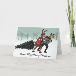Kerstboom - Vos en konijn brengen de boom naar hui Feestdagen Kaart