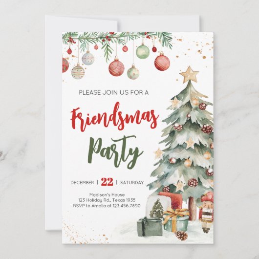 Kerstboom Vriendjesfeest uitnodiging (Voorkant)