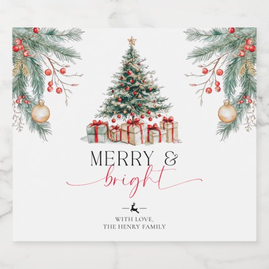 Kerstboom vrolijk en helder cadeau sparkling wijnetiket (Enkel label)