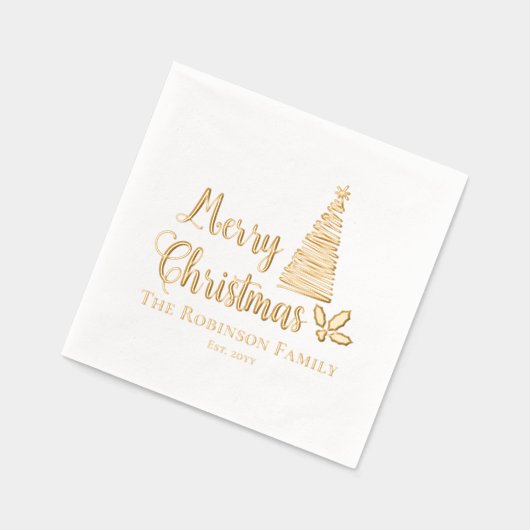 Kerstboom Vrolijk Kerstfeest Familienaam Datum Folie Servetten (Links)