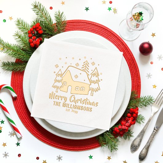 Kerstboom Vrolijk Kerstfeest Familienaam Datum Folie Servetten