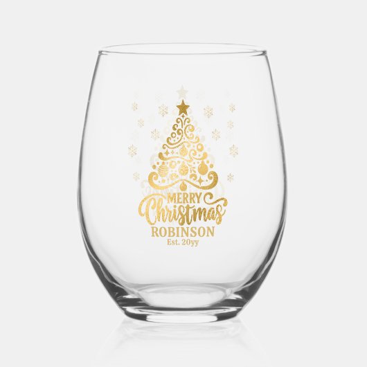 Kerstboom Vrolijk Kerstfeest Familienaam Datum Wijnglas Zonder Voet (Voorkant)
