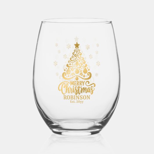 Kerstboom Vrolijk Kerstfeest Familienaam Datum Wijnglas Zonder Voet (Achterkant)