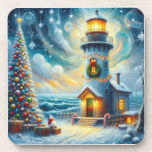Kerstboom Vuurtoren Nautische Kust Blauw Bier Onderzetter (Voorkant)