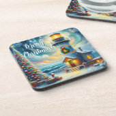 Kerstboom Vuurtoren Nautische Kust Blauw Bier Onderzetter (Linkerzijde)