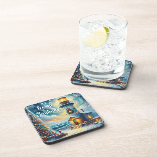 Kerstboom Vuurtoren Nautische Kust Blauw Bier Onderzetter (Rechterzijde)
