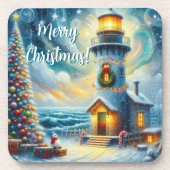 Kerstboom Vuurtoren Nautische Kust Blauw Bier Onderzetter (Voorkant)