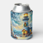 Kerstboom Vuurtoren Nautische Kust Blauw Blikjeskoeler (Blikje Voorkant)