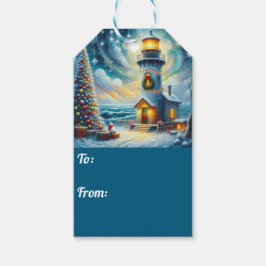 Kerstboom Vuurtoren Nautische Kust Blauw Cadeaulabel