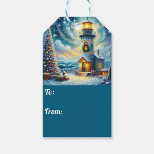 Kerstboom Vuurtoren Nautische Kust Blauw Cadeaulabel (Voorkant)