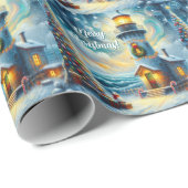 Kerstboom Vuurtoren Nautische Kust Blauw Cadeaupapier (Rol Hoek)