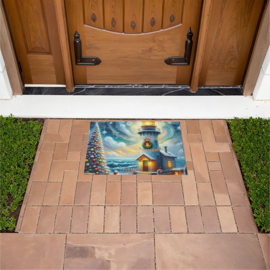 Kerstboom Vuurtoren Nautische Kust Blauw Deurmat (Buiten)
