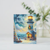 Kerstboom Vuurtoren Nautische Kust Blauw Feestdagenkaart (Staand voorkant)