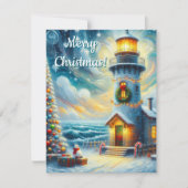 Kerstboom Vuurtoren Nautische Kust Blauw Feestdagenkaart (Voorkant)