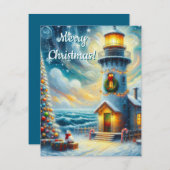 Kerstboom Vuurtoren Nautische Kust Blauw Feestdagenkaart (Voorkant / Achterkant)