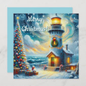 Kerstboom Vuurtoren Nautische Kust Blauw Feestdagenkaart (Voorkant / Achterkant)