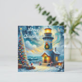 Kerstboom Vuurtoren Nautische Kust Blauw Feestdagenkaart (Staand voorkant)