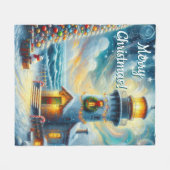 Kerstboom Vuurtoren Nautische Kust Blauw Fleece Deken (Voorkant (Horizontaal))