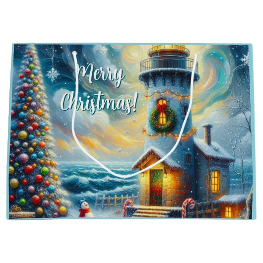 Kerstboom Vuurtoren Nautische Kust Blauw Groot Cadeauzakje (Voorkant)
