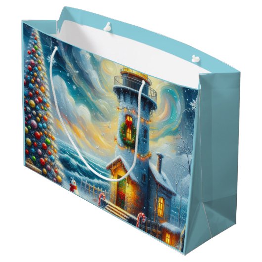 Kerstboom Vuurtoren Nautische Kust Blauw Groot Cadeauzakje (Achterkant Gekanteld)