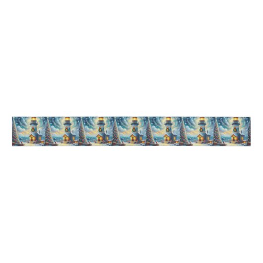 Kerstboom Vuurtoren Nautische Kust Blauw Grosgrain Lint (Voorkant)